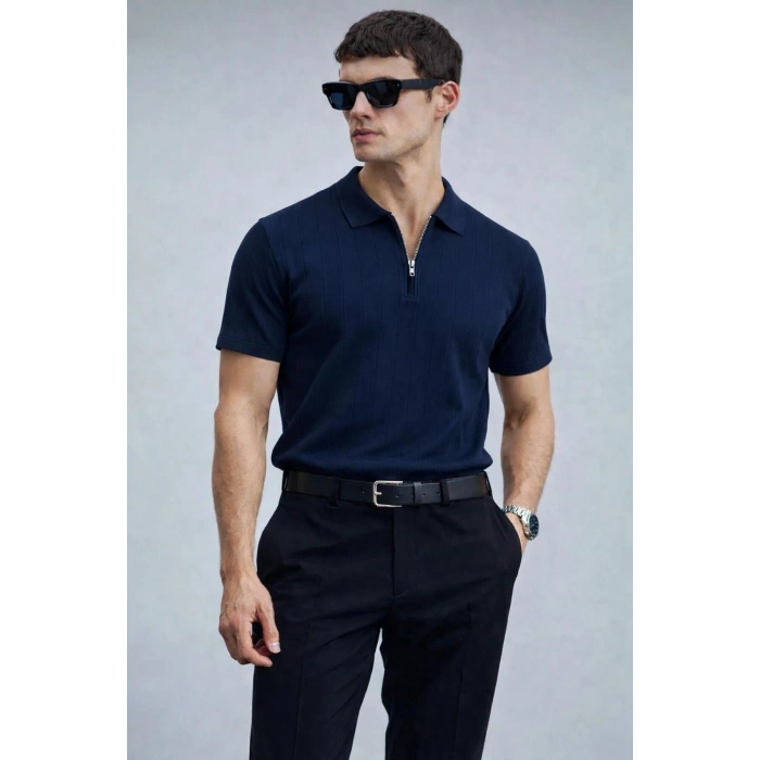 Erkek Yarın Fermuarlı Slim Fit Kısa Kollu Triko Tişört Lacivert