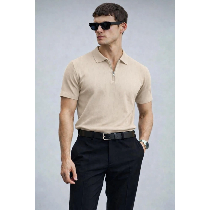 Erkek Yarın Fermuarlı Slim Fit Kısa Kollu Triko Tişört Bej