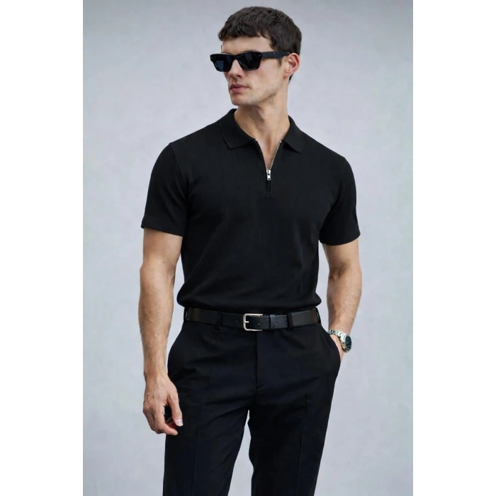 Erkek Yarın Fermuarlı Slim Fit Kısa Kollu Triko Tişört Siyah