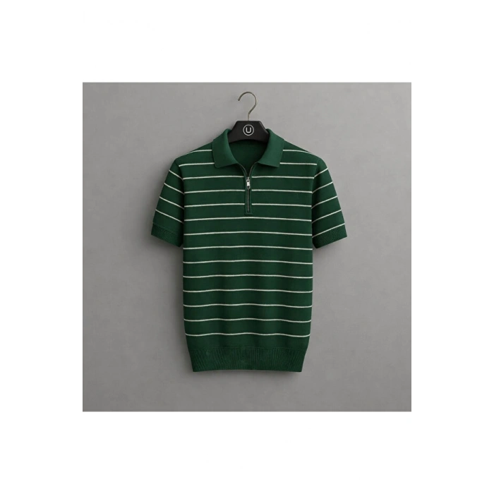 Erkek Yazlık Kısa Kollu Slim Fit Çizgili Yarım Fermuarlı Tarz Tişört