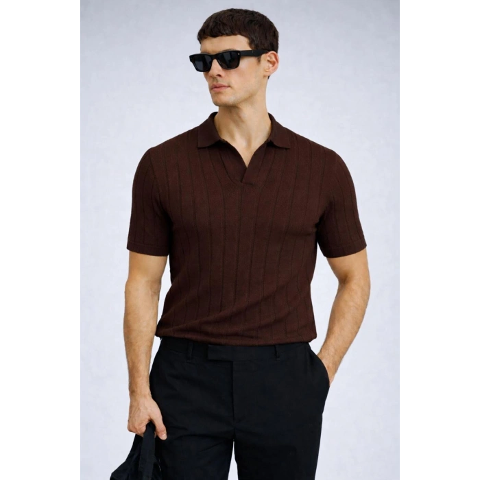 erkek yazlık kısa kollu slim fit polyemid kumaş kalitesi triko tişört Kahverengi
