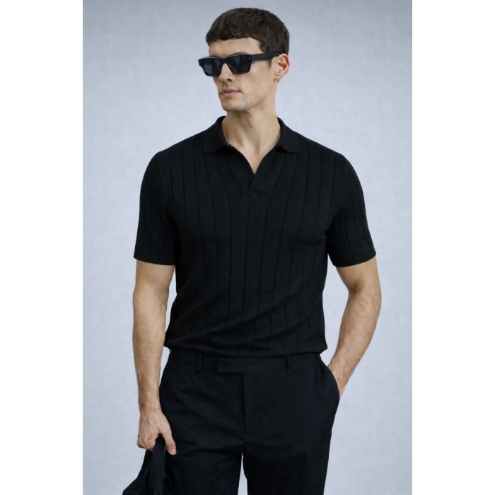 erkek yazlık kısa kollu slim fit polyemid kumaş kalitesi triko tişört Siyah