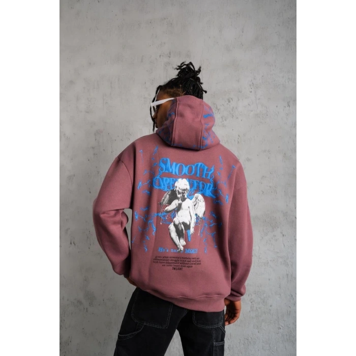 Erkek Yıldırım Baskılı Kapşonlu Sweat - Gül Kurusu