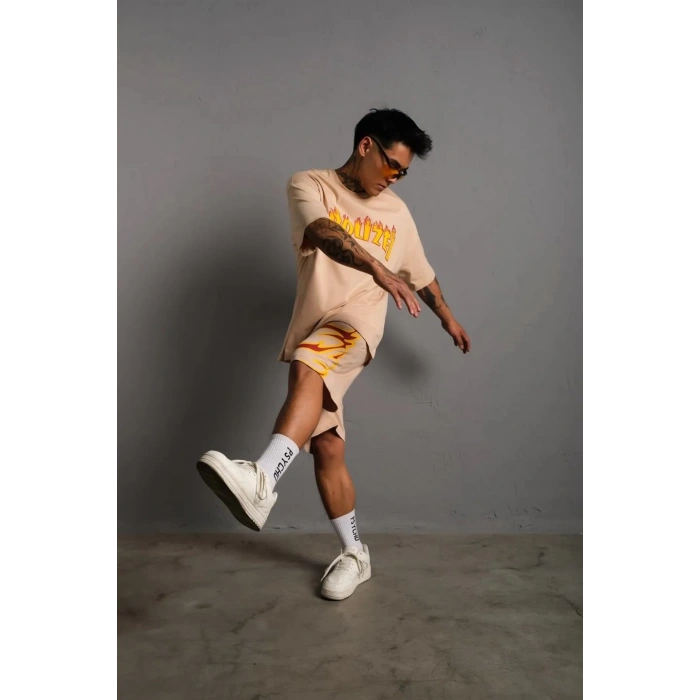 Erkek Alev Baskılı İkili Şortlu Takım - Bej