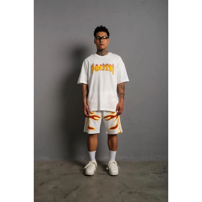 Erkek Alev Baskılı İkili Şortlu Takım - Beyaz