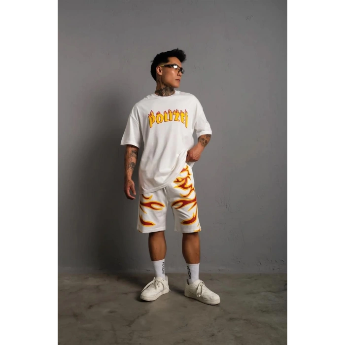 Erkek Alev Baskılı İkili Şortlu Takım - Beyaz