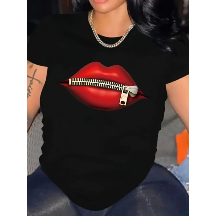 FERMUAR DUDAK BASKILI TİŞÖRT BİSİKLET YAKA KISA KOLLU TİŞÖRT - SİYAH