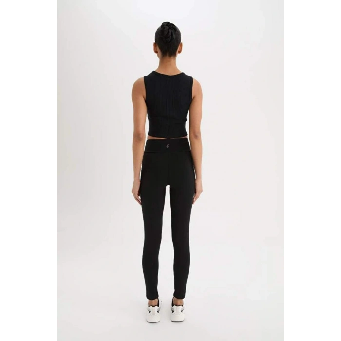Fit Siyah Yüksek Bel Beli Saran Pamuklu Basic Düz Sporcu Tayt
