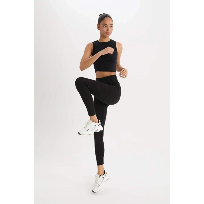 Fit Siyah Yüksek Bel Beli Saran Pamuklu Basic Düz Sporcu Tayt