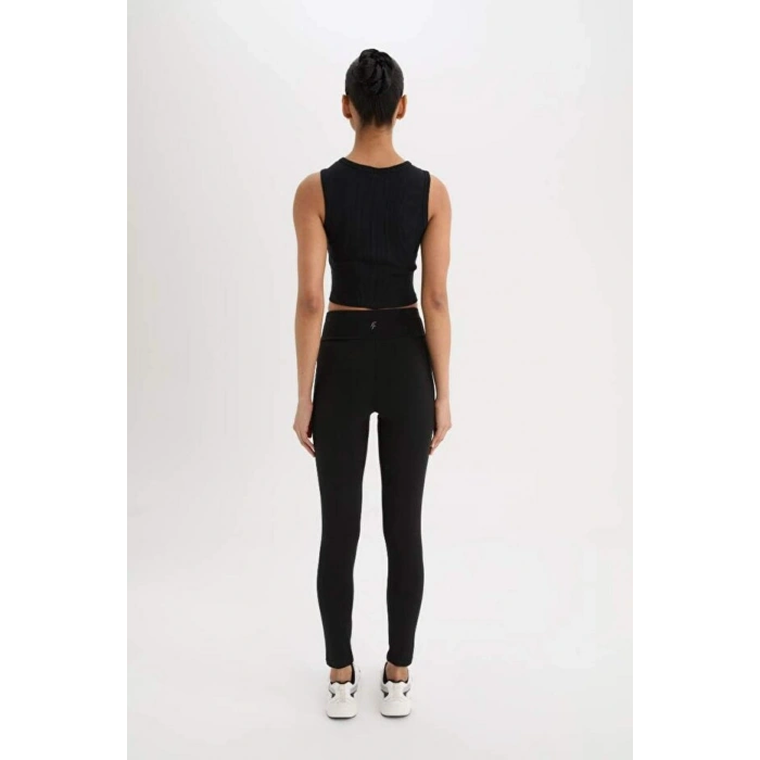 Fit Siyah Yüksek Bel Beli Saran Pamuklu Basic Düz Sporcu Tayt Z6327az25sp