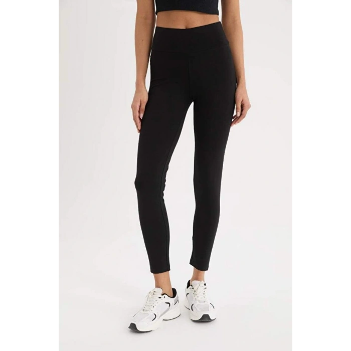 Fit Siyah Yüksek Bel Beli Saran Pamuklu Basic Düz Sporcu Tayt Z6327az25sp