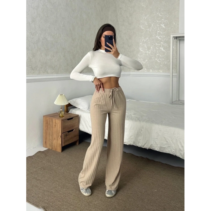 Fitilli şardonlu pantolon bej a4058