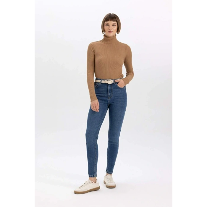 Fitted Balıkçı Yaka Basic Düz Triko Kazak Kahverengi