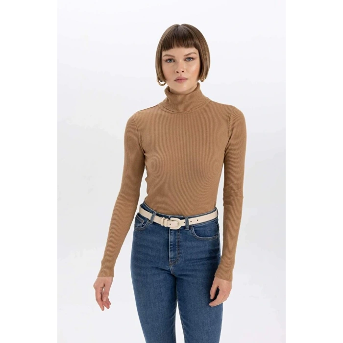 Fitted Balıkçı Yaka Basic Düz Triko Kazak Kahverengi