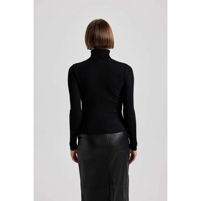 Fitted Balıkçı Yaka Basic Düz Triko Kazak Siyah