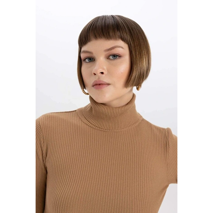 Fitted Balıkçı Yaka Basic Düz Triko Kazak Kahverengi