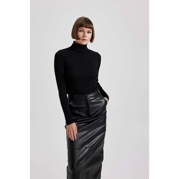 Fitted Balıkçı Yaka Basic Düz Triko Kazak Siyah