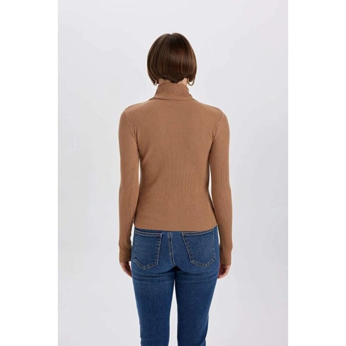 Fitted Balıkçı Yaka Basic Düz Triko Kazak Kahverengi