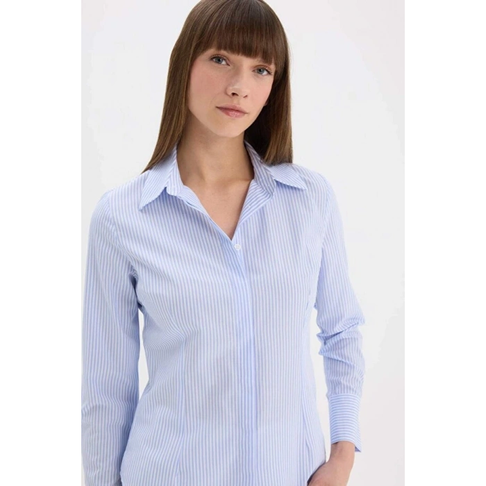 Fitted Basic Düz Poplin Uzun Kollu Gömlek