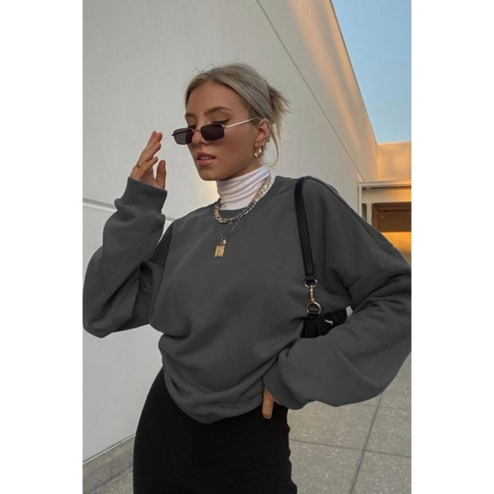 Füme Bisiklet Yaka Basic Sweatshirt MG1559