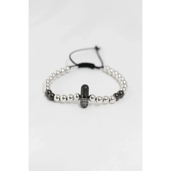 Füme Gümüş Renk Çelik Zirkon Objeli Asansörlü Bileklik