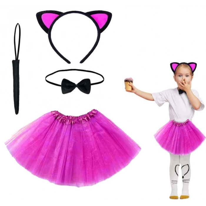 Fuşya Renk Etekli Kedi Kostüm Seti (Tütü, Taç, Papyon, Kuyruk)