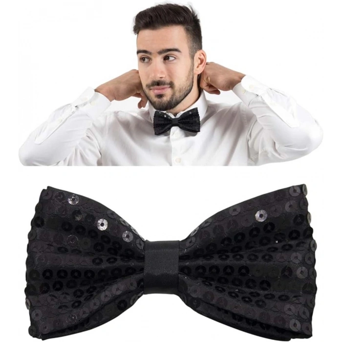 Gece Işıltısı Siyah Payetli Pullu Papyon 7x2 cm