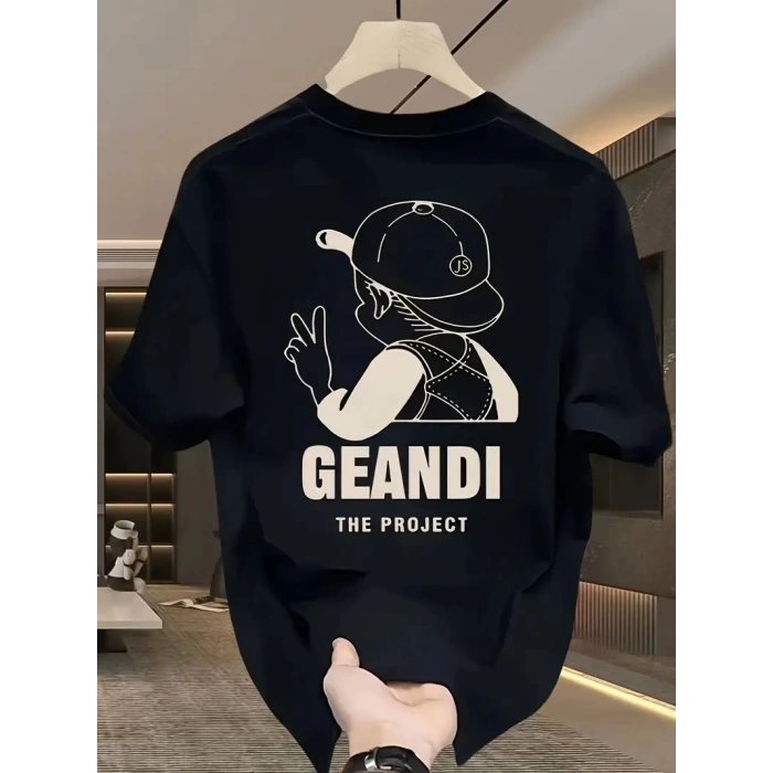 Geniş Kesim Pamuklu Tişört - GANDHI The Project Baskılı, Siyah, Rahat Kesim, Kısa Kollu, Günlük Kıyafet, Her Gün Giyilebilecek Tişört- Siyah