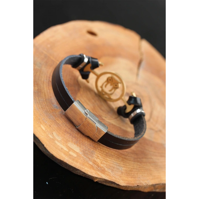 Gold Renk Baykuşlu Metal Aksesuarlı Siyah Renk Deri Erkek Bileklik