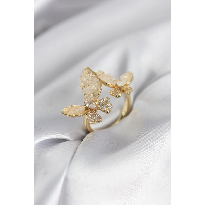 Gold Renk Beyaz Kelebek Model Zirkon Taşlı Kadın Yüzük