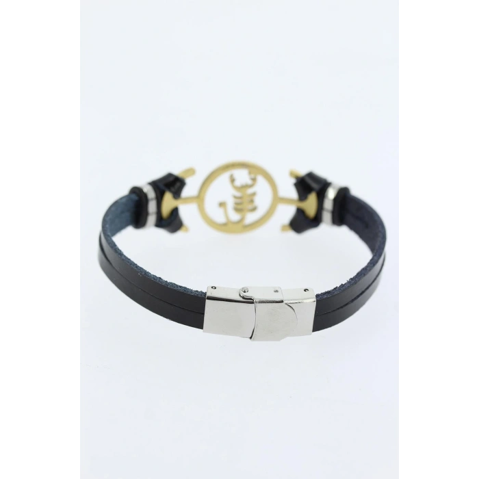 Gold Renk Çelik Akrep Figürlü Metal Aksesuarlı Siyah Renk Deri Erkek Bileklik