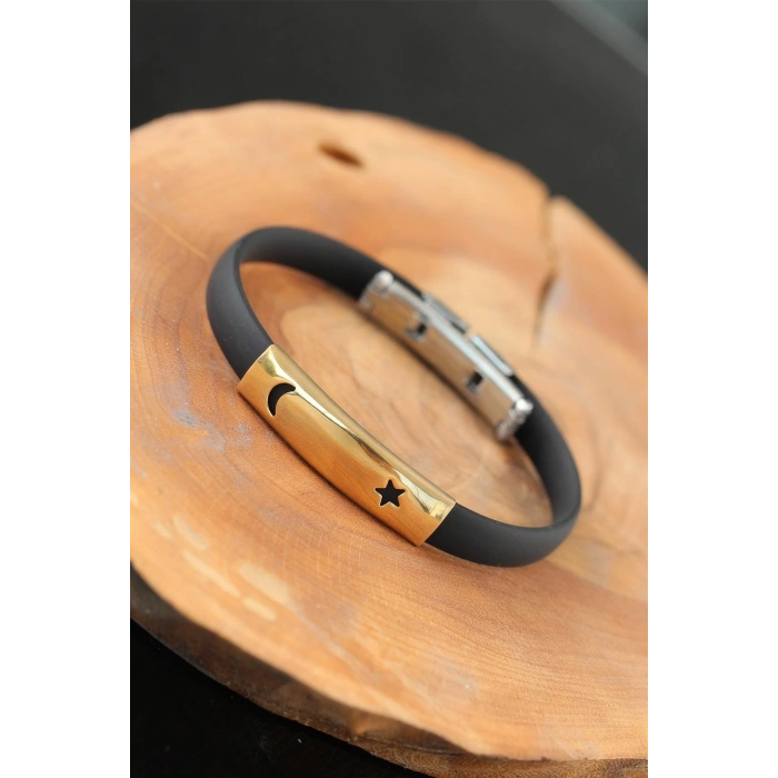 Gold Renk Metal Ay Yıldız Tasarım Siyah Renk Silikon Erkek Bileklik