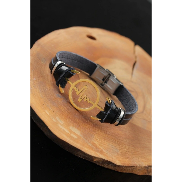 Gold Renk Metal Nabız Tasarım Siyah Renk Deri Erkek Bileklik