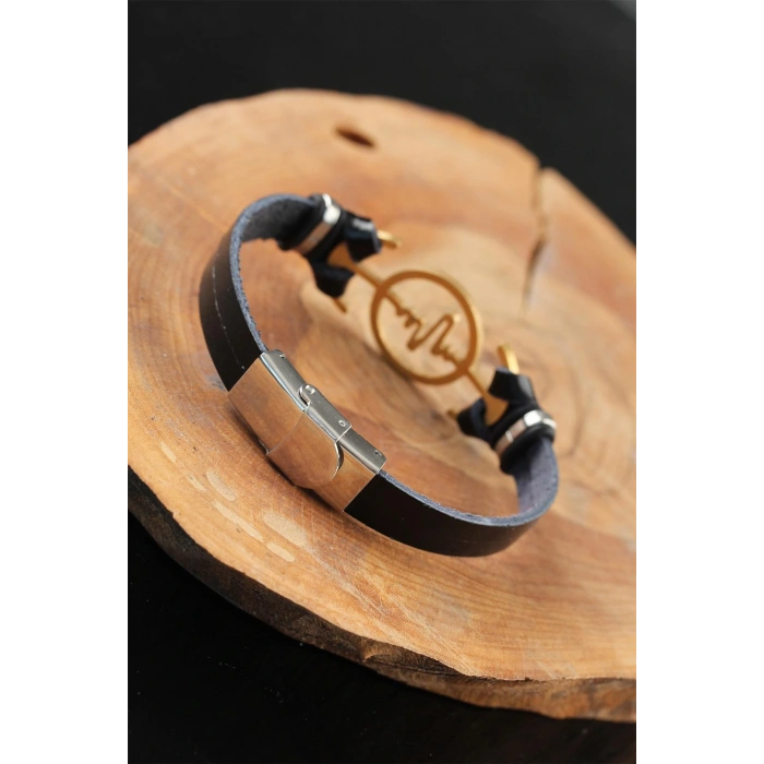 Gold Renk Metal Nabız Tasarım Siyah Renk Deri Erkek Bileklik