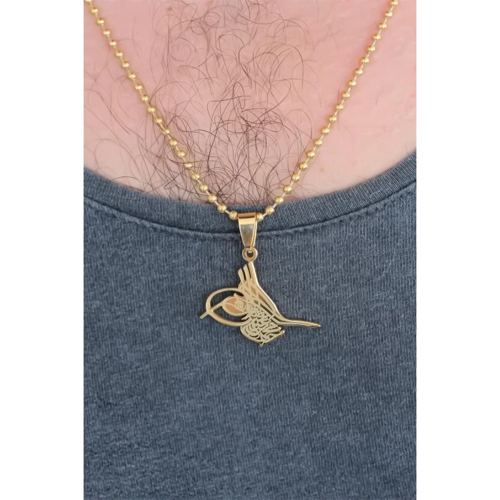 Gold Renk Metal Osmanlı Tuğra Figürlü Erkek Kolye