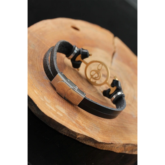 Gold Renk Metal Sol Anahtarlı Tasarım Siyah Renk Deri Erkek Bileklik