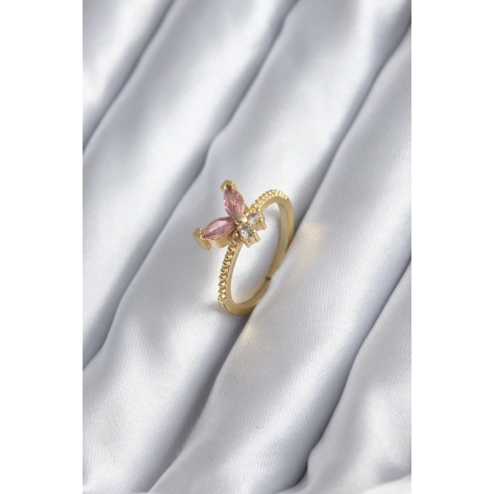 Gold Renk Pembe Zirkon Taşlı Kelebek Model Kadın Yüzük