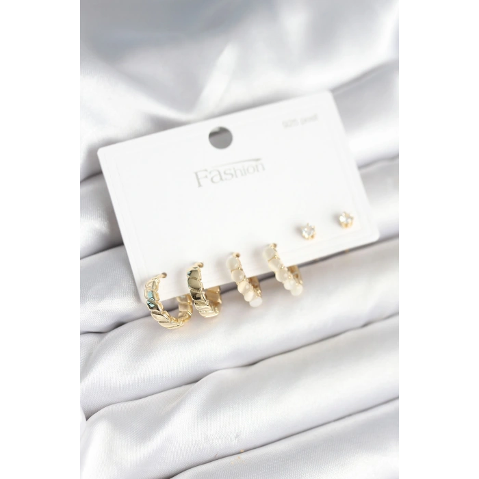 Gold Renk Pirinç Halka 925 Ayar Gümüş Çivili Kadın Küpe Seti