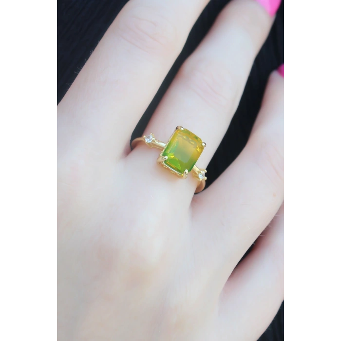 Gold Renk Renkli Zirkon Taşlı Pirinç Kadın Yüzük