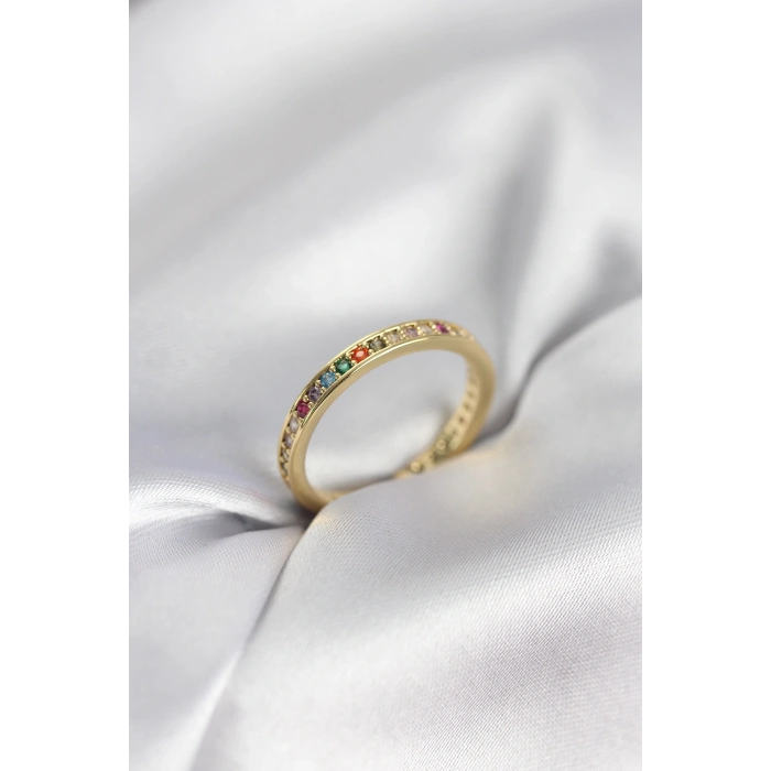 Gold Renk Sıralı Renkli Zirkon Taşlı Kadın Yüzük