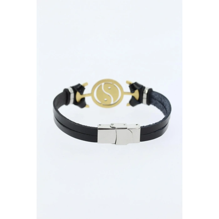 Gold Renk Yin Yang Figürlü Metal Aksesuarlı Siyah Renk Deri Erkek Bileklik