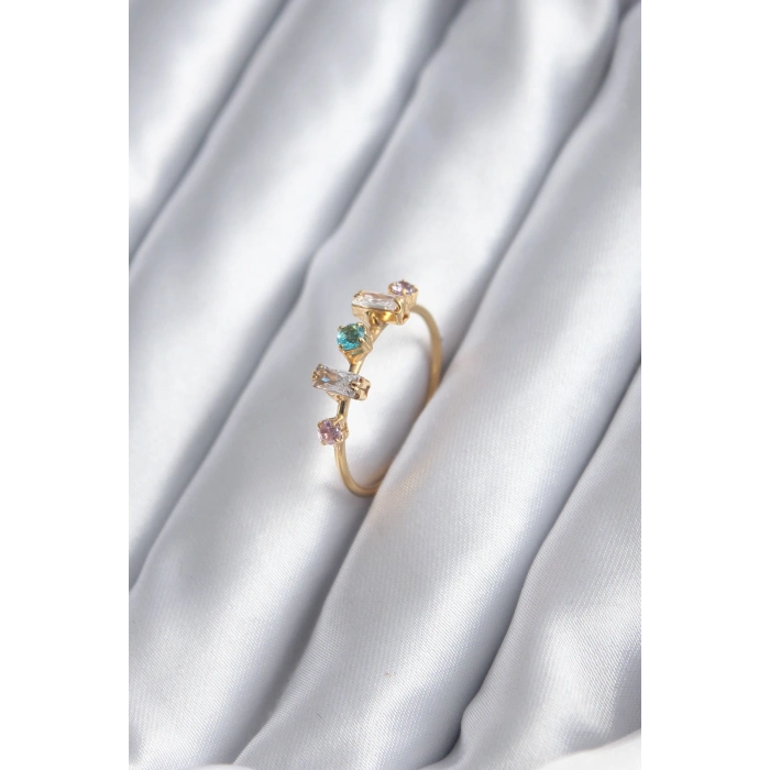 Gold Renk Zirkon Taşlı Renkli Zirkon Taşlı Kadın Yüzük