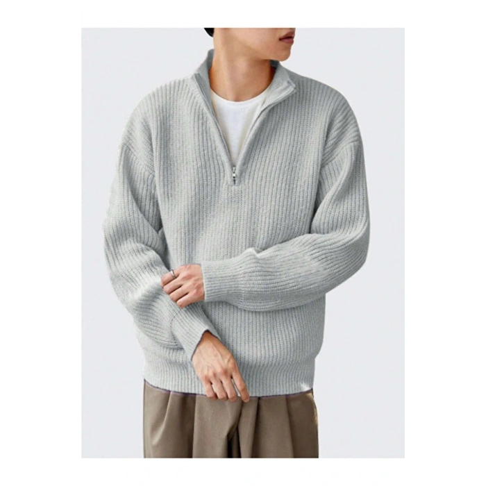 Gri Erkek Oversize Fermuarlı Balıkçı Triko Kazak