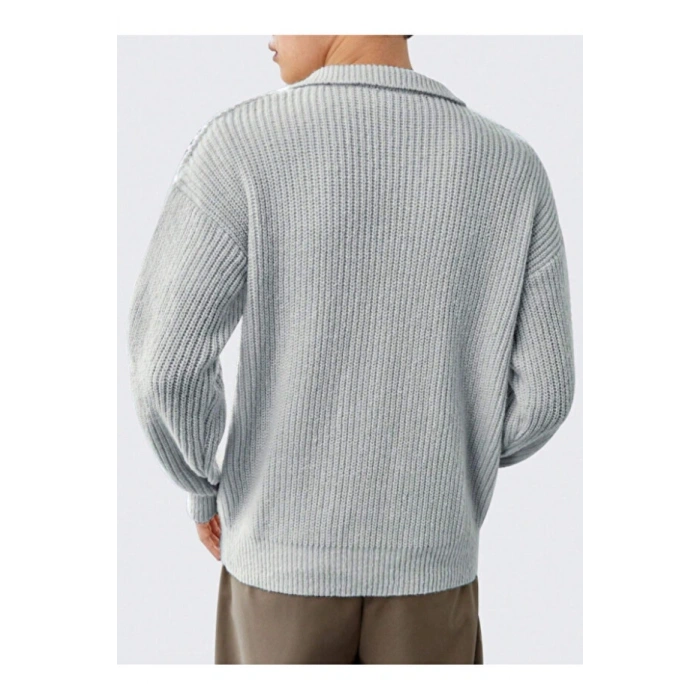 Gri Erkek Oversize Fermuarlı Balıkçı Triko Kazak