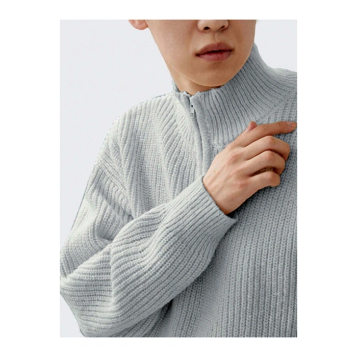 Gri Erkek Oversize Fermuarlı Balıkçı Triko Kazak