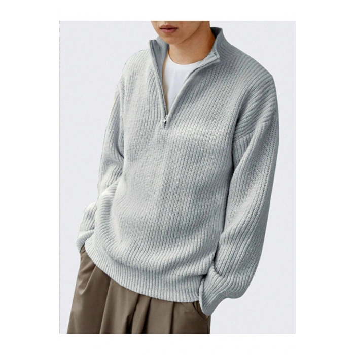 Gri Erkek Oversize Fermuarlı Balıkçı Triko Kazak