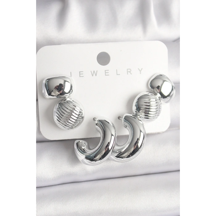 Gümüş Renk İşlemeli Daire Halka Model CCB Platik Kadın Küpe Seti