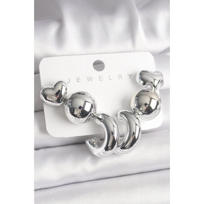 Gümüş Renk Kalp Halka Figür CCB Plastik Kadın Küpe Seti