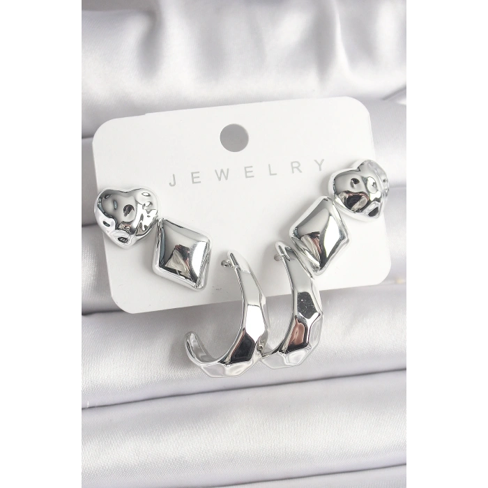 Gümüş Renk Kalp Halka Figür CCB Plastik Kadın Küpe Seti