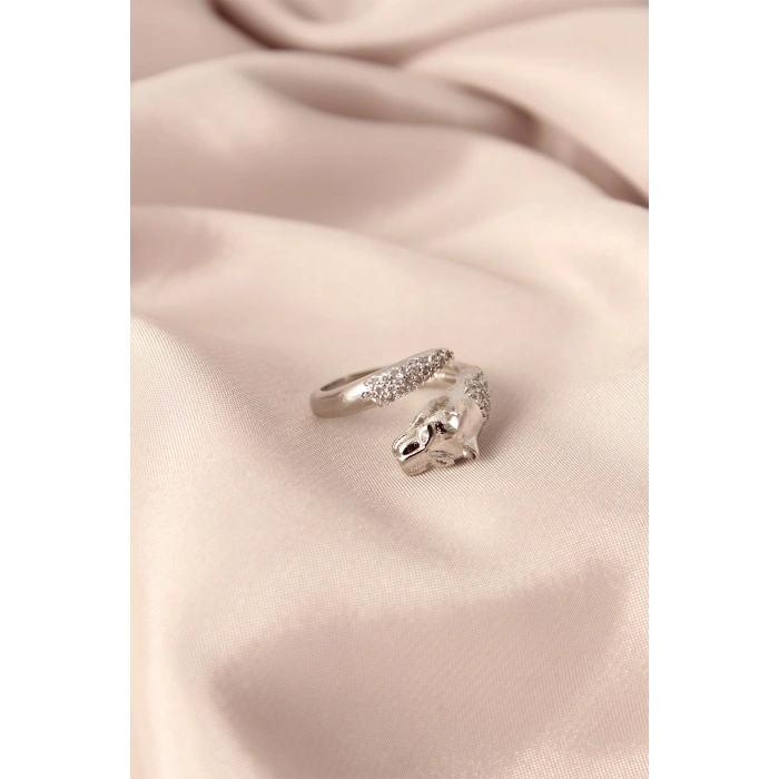 Gümüş Renk Metal Zirkon Taşlı Kaplan Model Ayarlanabilir Kadın Yüzük